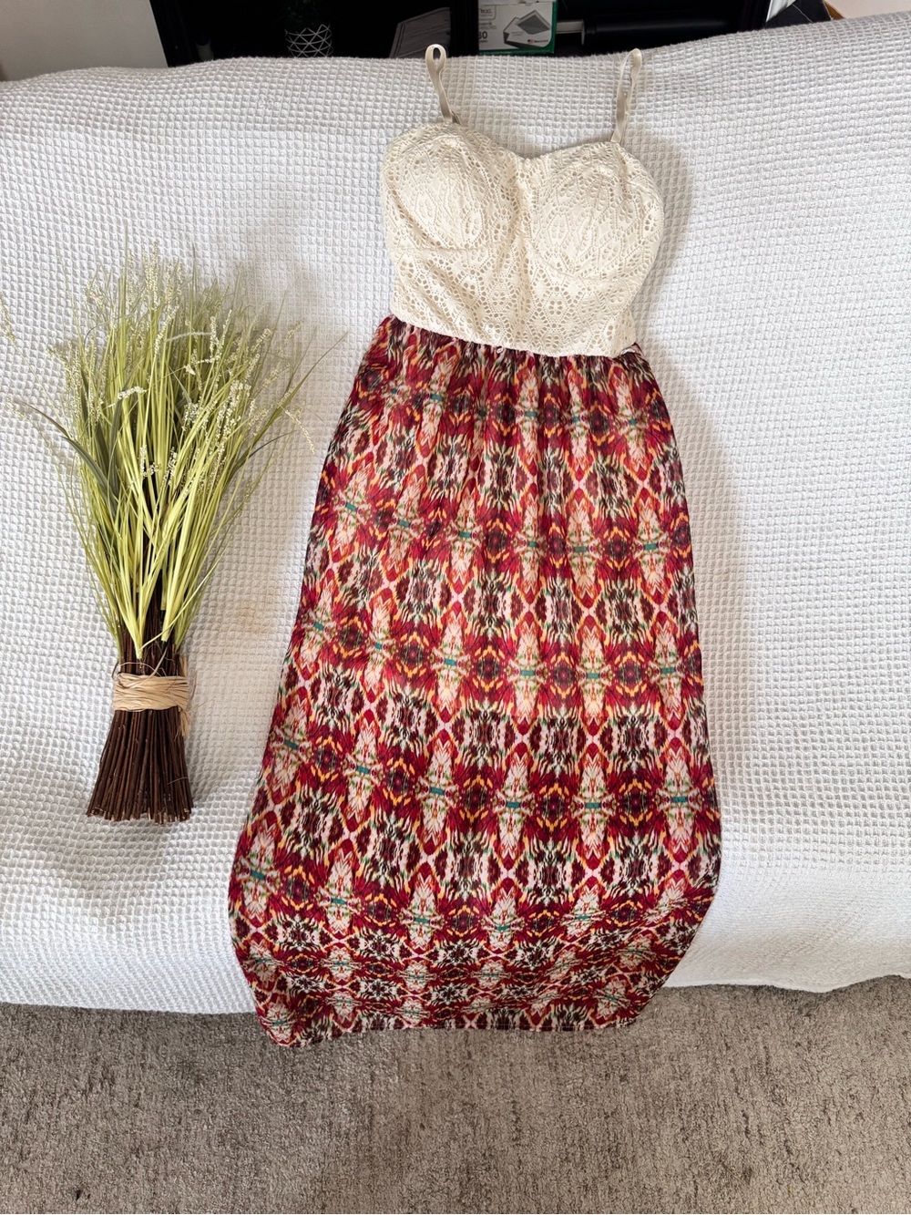 Lily Rose Cream Crochet Bodice Maxi Skirt with Red Pattern